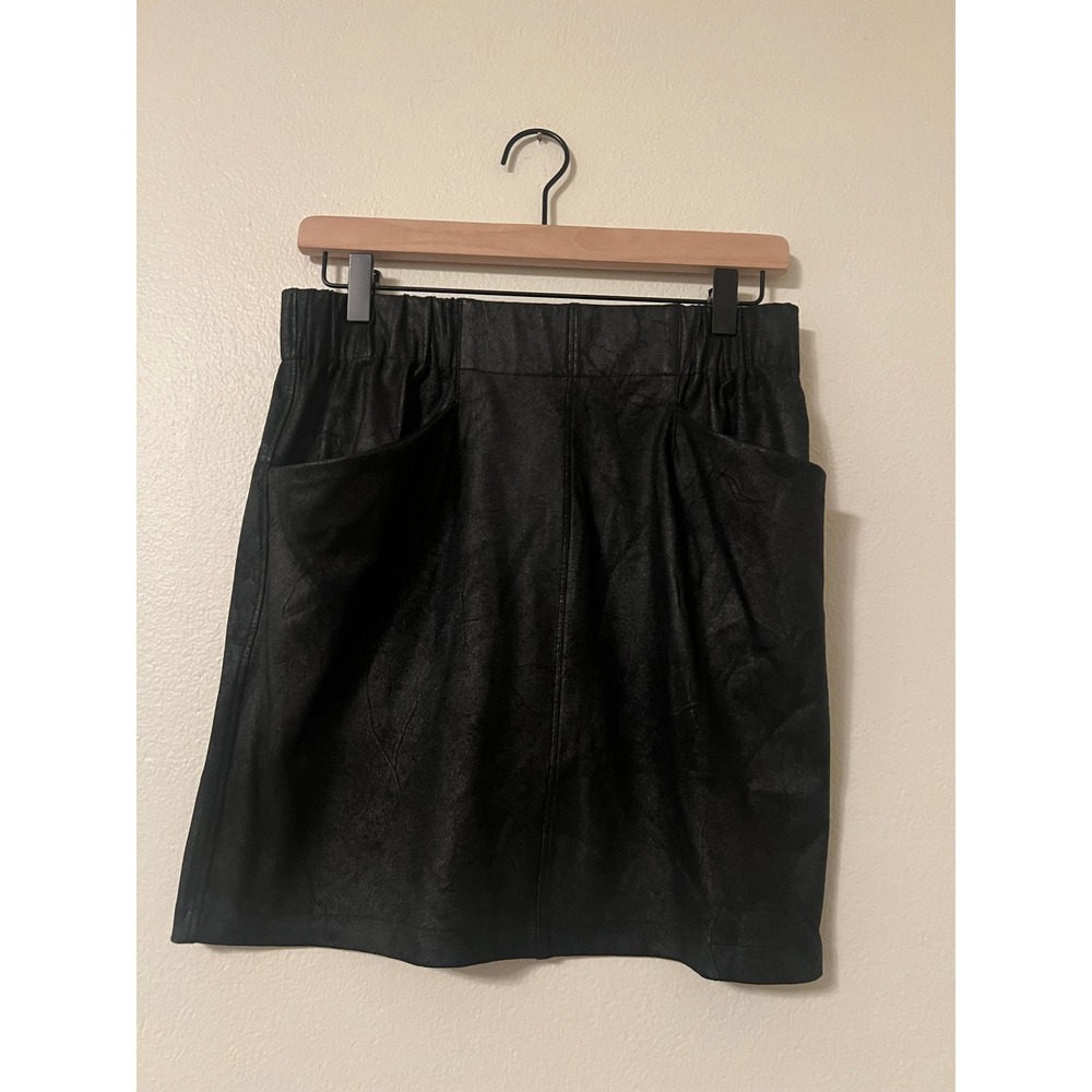 David Lerner New York Black Faux Leather Mini Skirt Elastic Waist Pockets Size M